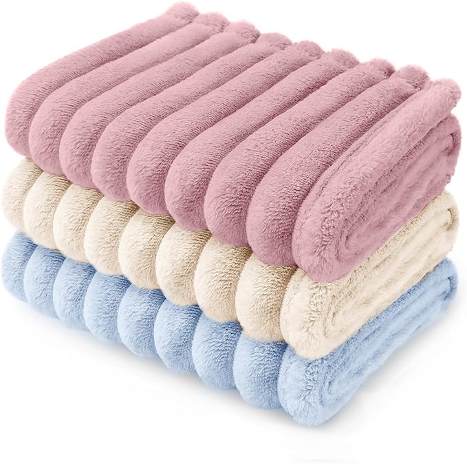 LINENLUX 1 Pack 3 Soft Dog Blanket Washable Warm Fleece Cat Blankets for Pet Puppy Fluffy Calming Flannel Pink/White/Blue Medium