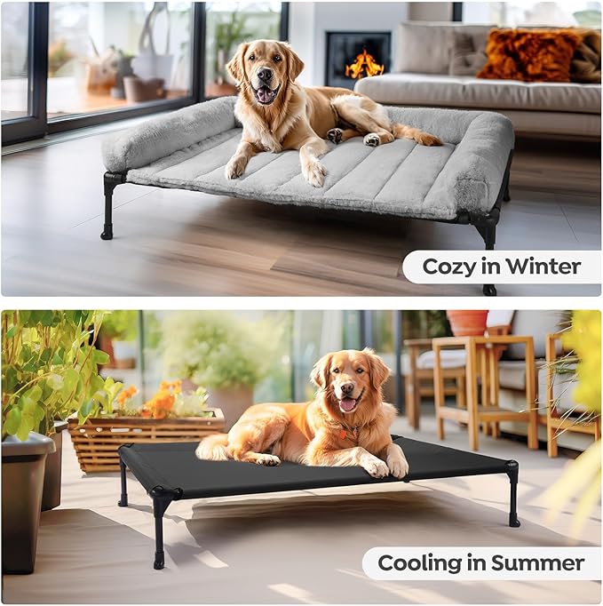 Veehoo Orthopedic Elevated Dog Bed with Fluffy Plush Bolster Cushion, Indoor Raised Dog Beds for Large Dogs, Soft Pet Sofa Cot with Removable Washable Mat, No-Slip Feet, 42 x 30 inches, Grey