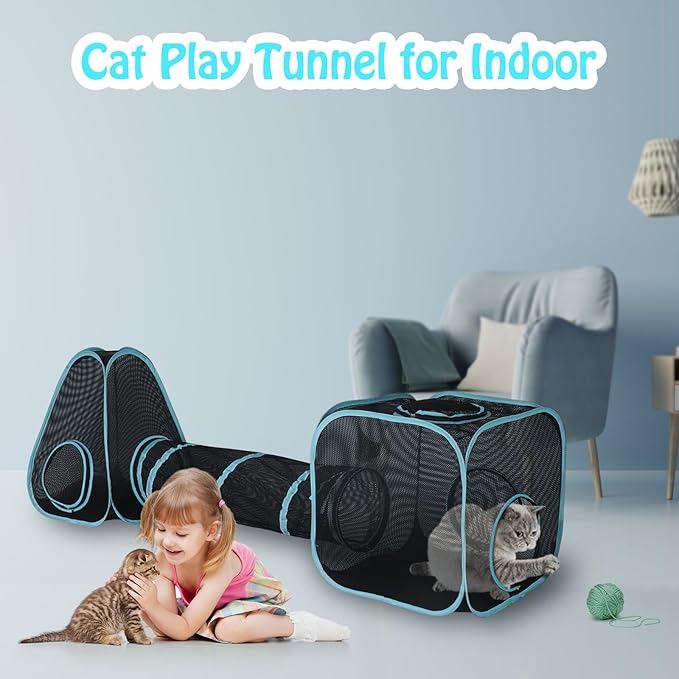 BWOGUE Outdoor Cat Enclosures for Indoor Cats, 4 in 1 Outdoor Cat Tent with Tunnel Portable Pop Up Visual Mesh Cat Outside Playhouse for Cats Puppy Small Animals, Total Length 9.45FT