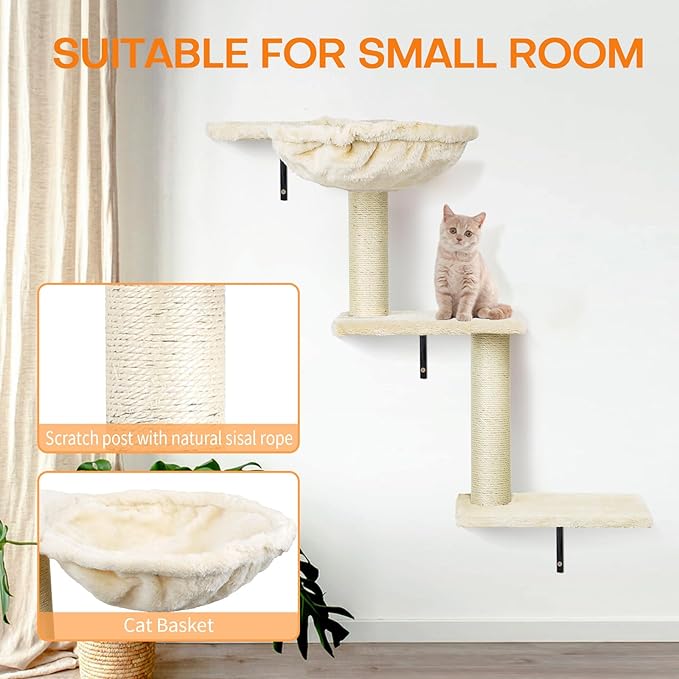 Cat Wall Shelves, Multi-Level Cat Climbing Furniture, Space-Saving Wall-Mounted Cat Climber Set with Perches,Bridge,Hammock,Scratching Board & Ball for Indoor Cat Play (Light Grey)