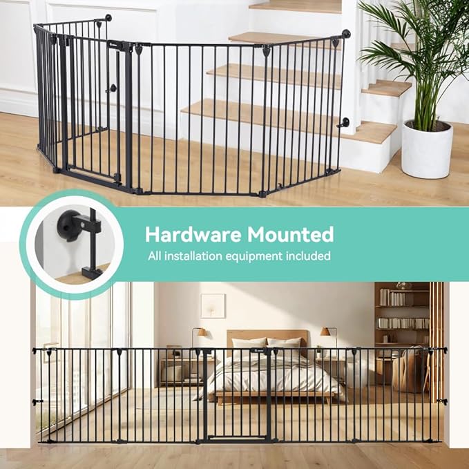 COMOMY 127.8" Extra Wide Baby Gate, Dog Gate for House Stairs Doorways Fireplace, Auto Close Pet Gate with Door Walk Through, 5 Metal Panels, Hardware Mounted Baby Fence Indoor Outdoor(30" Tall,Black)