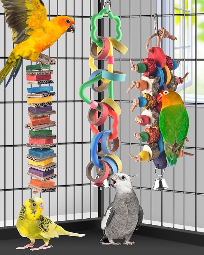 Bissap 3 PCS Bird Chew Toys, Multicolored Bagel Cascade Bird Parrot Toy Biting Paper Cardboard Olympic Rings Conures Toys for Amazon Cockatiels Cockatoos Macaws and Similar Sized Pet Birds