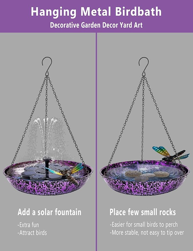 Hanging Bird Bath for Outdoor 11 Inch Colorful Purple&Blue Metal Bird Feeder Birdbath Bowl Mounted Rust-Proof Black Chain Metal Dragonfly Yard Art Garden Decor