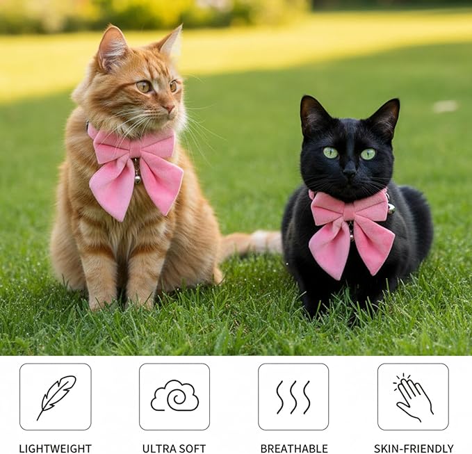 2 Pcs Pink Cat Collar with Bow Bells Breakaway Cat Bowtie Collar with Bell Safety Buckle Cats Collars for Girl Cats Adjustable Soft Cute Kitten Collars for Kitten