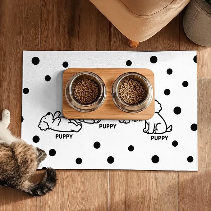 Puppy Pattern Pet Feeding Mat 24x16 Inch Polka Dot Pet Feeding Area Mat Pet Food Mat Pet Mats for Food and Water Dog Mat for Food and Water Indoor Feeding Corner Kitchen Floor Decor