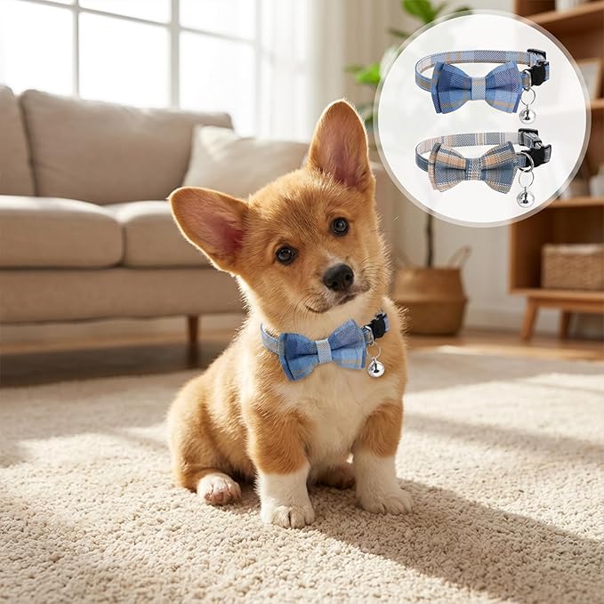 2Pcs Cat Collar Breakaway, Cute Plaid Cats Collar with Bells Soft Adjustable Kitten Accessories, Cat Bowtie Collar with Cat Buckle for Kitten Puppy and Small Pets