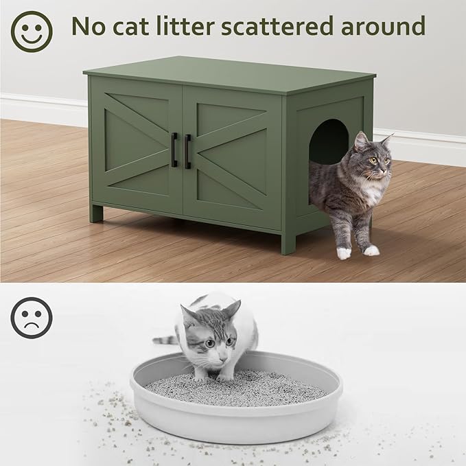 Homhedy Cat Litter Box Enclosure,Litter Box Furniture Hidden with Barn Door,Wooden Cat Washroom Furniture,Fit Most of Litter Box, Green, CL50L