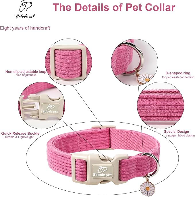 Cute Corduroy Dog Collar - Deep Rose Adjustable Dog Collars for X-Small Dogs 4-10lbs, Fade-Proof with Secure Snap & Little Charm, Christmas Birthday Gift, XS