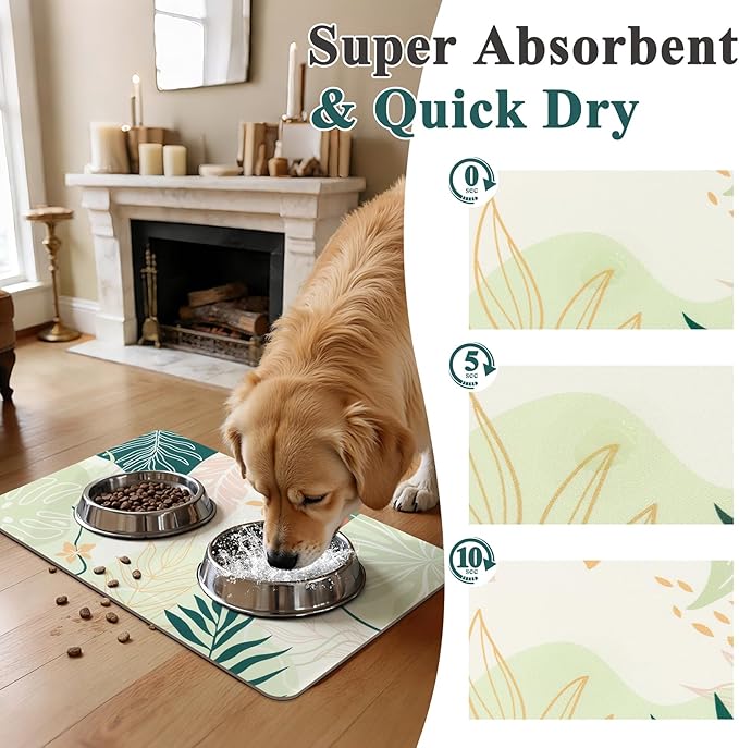 Topotdor Boho Dog Food Mat - Absorbent Quick-Dry Cat Bowl Mat for Food and Water, Non-Slip Pet Feeding Placemat for Messy Drinkers Dog Accessories Pet Supplies, 16"x24", Green