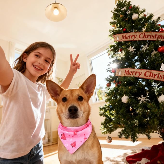 PAWCHIE Christmas Dog Bandanas 4 Pack,Reversible Dog Party Triangle Scarf Bibs,Pet Holiday Costume with Adjustable Snaps,Multiple Christmas-Themed Patterns for Medium Dogs Puppy,Cats Pets,Pink L