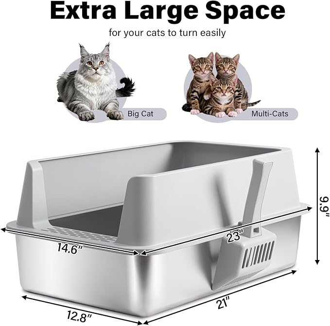Stainless Steel Litter Box 2 Pack, XL Metal Litter Box with Lid, Extra Large Cat Litter Boxes for Big Cats with High Sides, Easy Cleaning, Non Stick, No Smell, Include Scoop and Mat