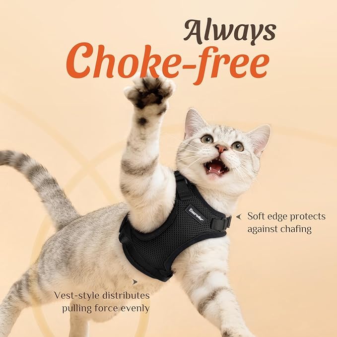Dooradar Cat Harness and Leash Set, Escape Proof Safe Adjustable Kitten Vest Harnesses for Walking, Easy Control Soft Breathable Mesh Jacket with Reflective Strips for Cats, Black, XS