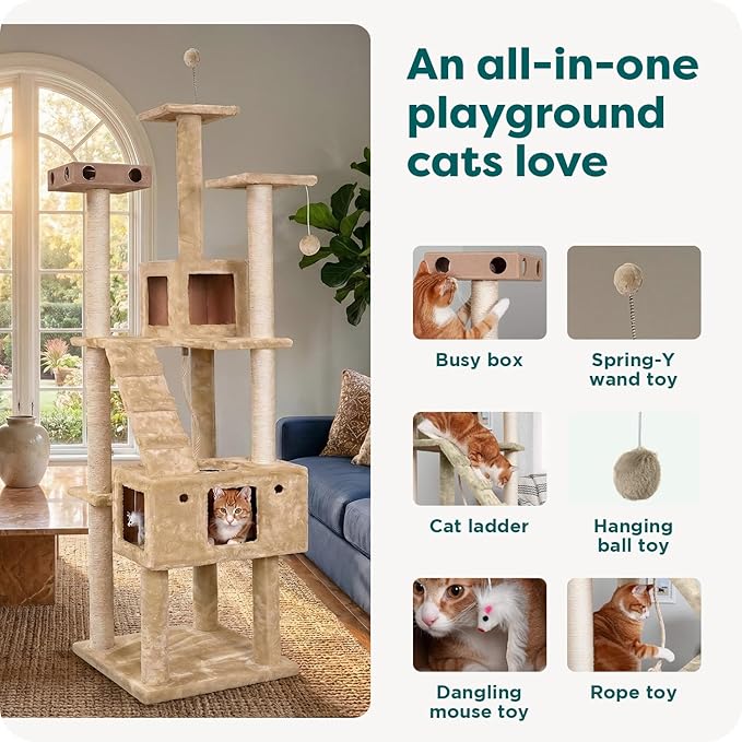FurHaven 69.3" Tall Cat Scratching Post Tower for Indoor Cats, Sisal Cat Tree with 2 Condos, Tiger Tough Double Decker Playground, Toys & Perches for Cats, Sisal, Cream