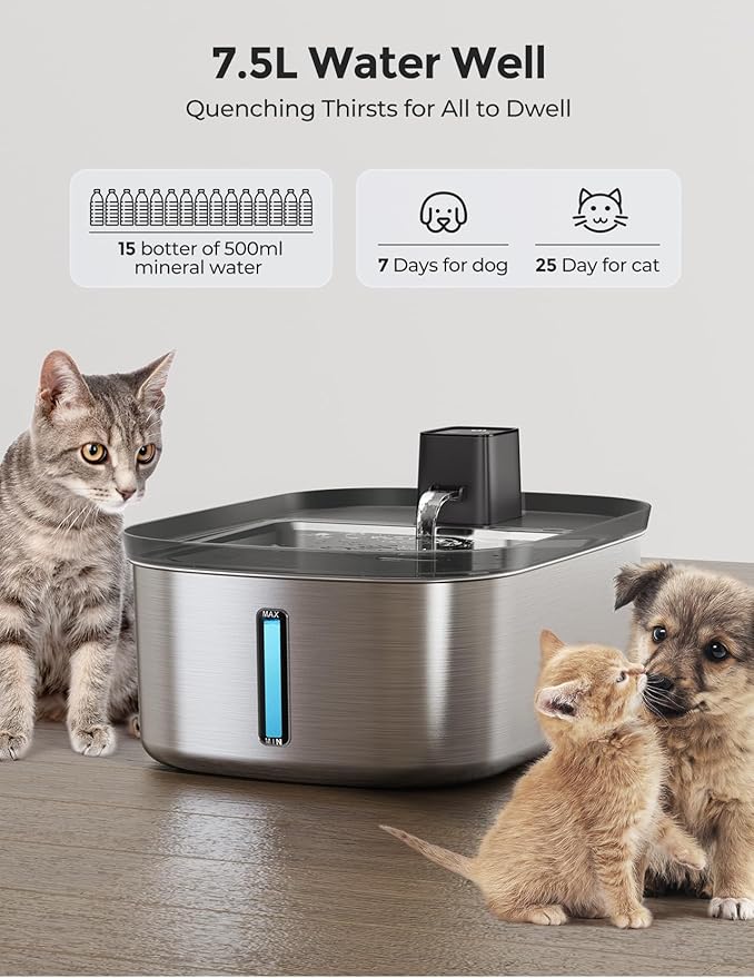Wireless 7.5l/254oz/2Gal Dog Water Fountain for Large Dogs Stainless Steel, Quiet Pet & Cat Water Fountain with Motion Sensor, Automatic Water Dispenser for Dogs&Multi-Pet Homes Continuous Fresh Flow