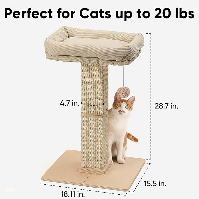 FUKUMARU Cat Scratching Post, Modern Style Tall Scratch Posts with Perch for Infoor Cats Adults, Large Cat Scratcher Tower with Bed, Small Tree with Raised Stand, Natural Sisal & Solid Wood