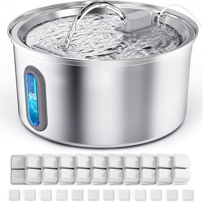 Cat Water Fountain Stainless Steel, 3.2L Cat Fountains for Drinking with Smart Quiet Pump and Water Level Window, Easy-to-Clean Automatic Pet Water Dispenser (3.2L Fountain with 12 Filters)
