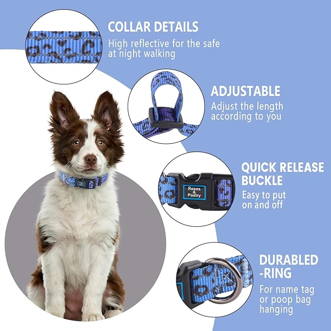 Roses&Poetry Small Dog Collar, Cute Leopard Style Adjustable Reflective Puppy Collars Durable Pet Collars for Small Medium Large Dogs(Violet-Leopard S)