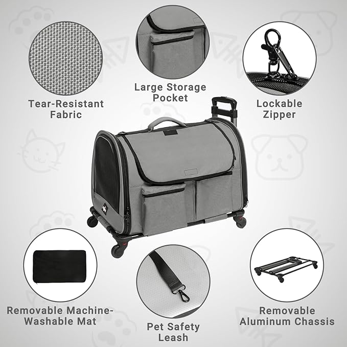 Large Pet Carrier with Wheels, Foldable Rolling Dog Carrier with Big Pocket, Cat Rolling Bag 21"x13"x13" for 2 Cats &Dogs, for Travel, Outdoor, Vet Visits, Camping, Indoor. Gray. (Not for Airline)