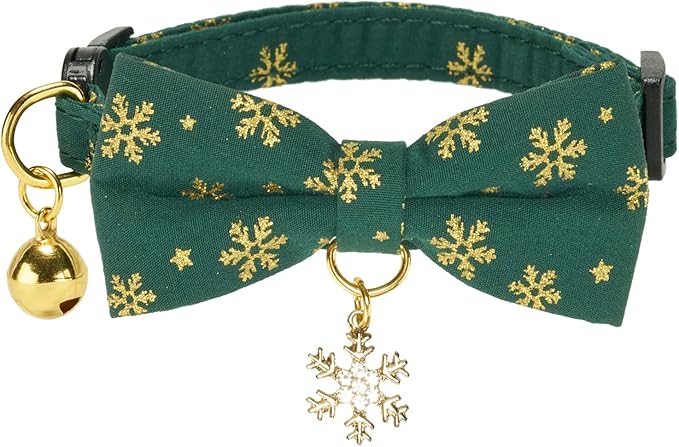 2 Pack Christmas Cat Collar with Bell and Bowtie,with Bling Snowflake Charm and Printing Pattern, Safety Breakaway Clasp, Adjustable for Kitten and Cats Green and Red.
