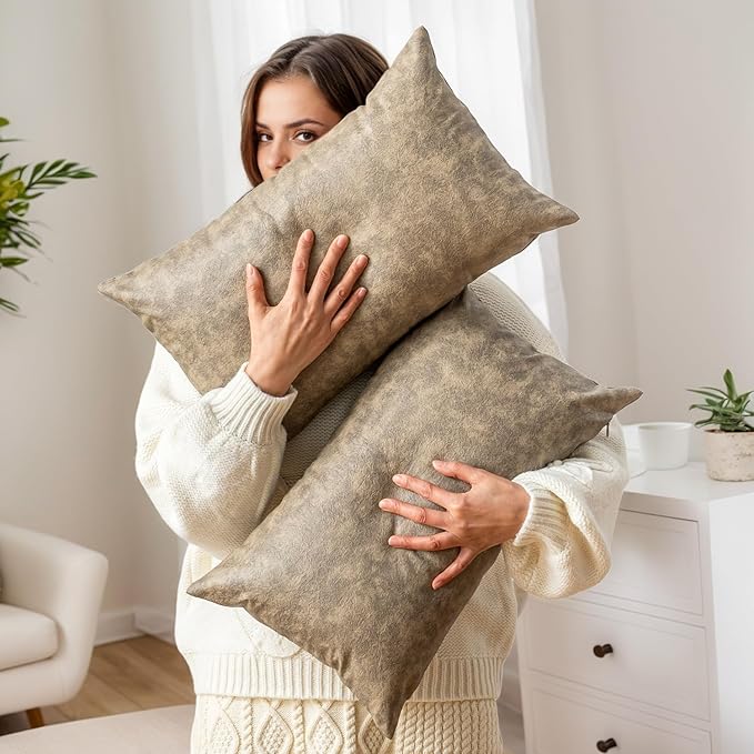 Pack of 2 Leather Lumbar Pillow Cover, Vintage Decorative Soft Farmhouse Cushion Cover, for Home Decor Outdoor Waterproof Pet Hair Resistant Abrasion Throw Pillow Covers 12x20 Inch Olive Green