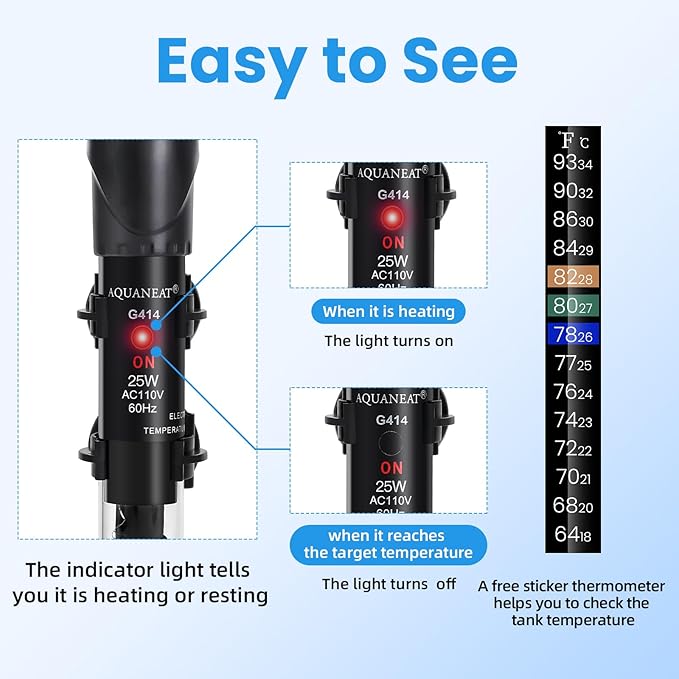 AQUANEAT Aquarium Heater, 25W Fish Tank Heater, Adjustable Submersible Water Thermostat with Thermometer