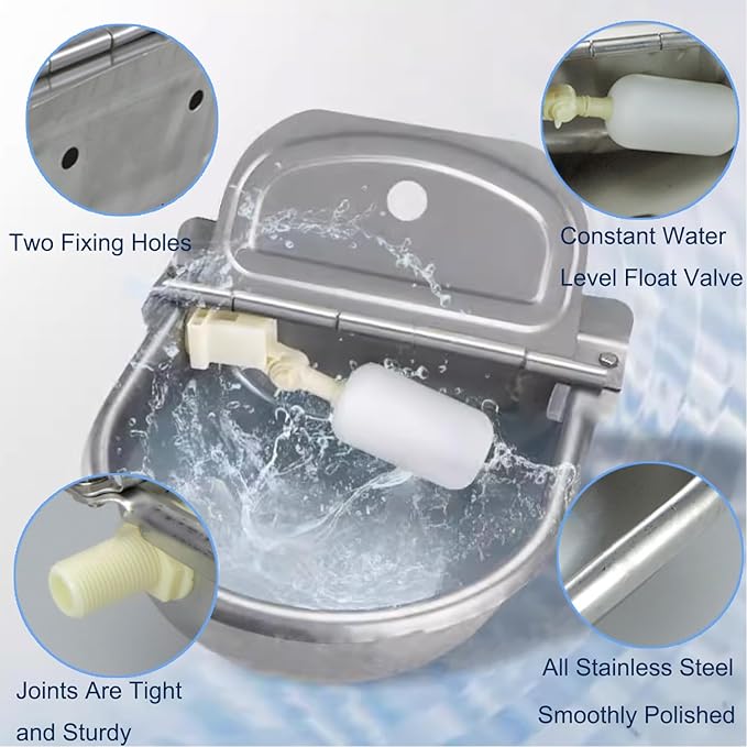 Automatic Animal Water Bowl with Float Valve, 304 Stainless Steel Livestock Water Dispenser for Dog Horse Goat Pig Cow Livestock Water Bowl Kit Includes Bowl, Pipe, 2 Valves, Quick Connector Adapter