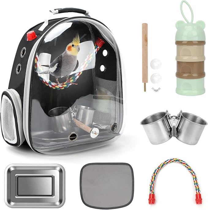 Rypet Bird Carrier Backpack Parrot Portable Breathable Bag Pet Bird Lightweight Travel Cage with Standing Perch and Stainless Steel Tray（Black）