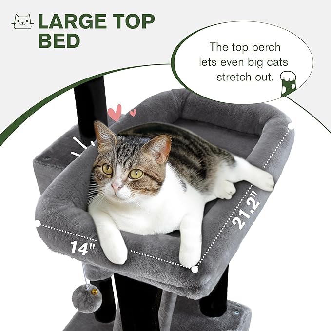 MUTICOR 66 Inches Multi-Level Large Cat Tree Tower for Indoor Big Feline/Cozy Plush Perches/Condo/Sisal Scratching Posts/Hammock and Baskets/Activity Center Play House/Wide Base/Black & Grey