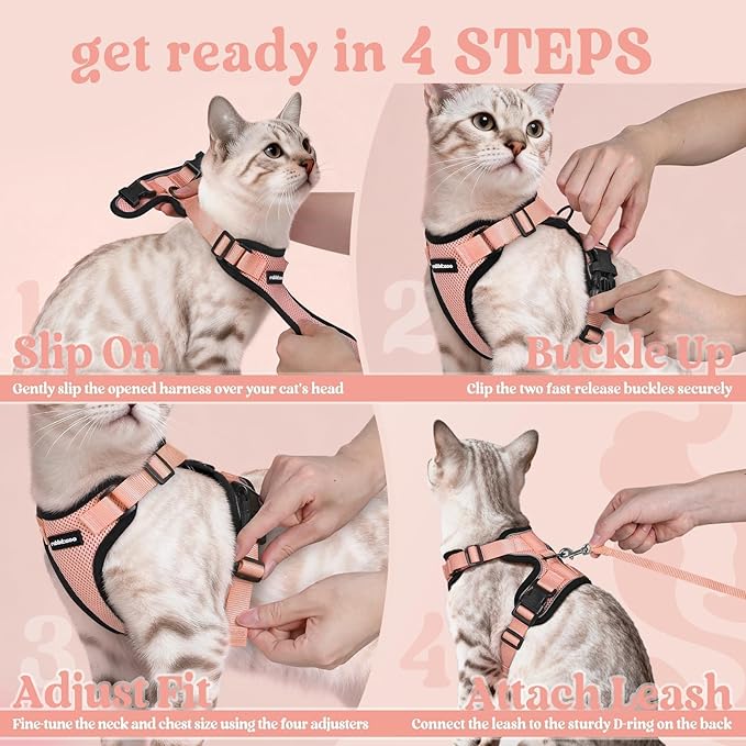 rabbitgoo Cat Harness and Leash for Walking, Escape Proof Soft Adjustable Vest Harnesses for Cats, Easy Control Breathable Reflective Strips Jacket, Light Salmon Pink, M