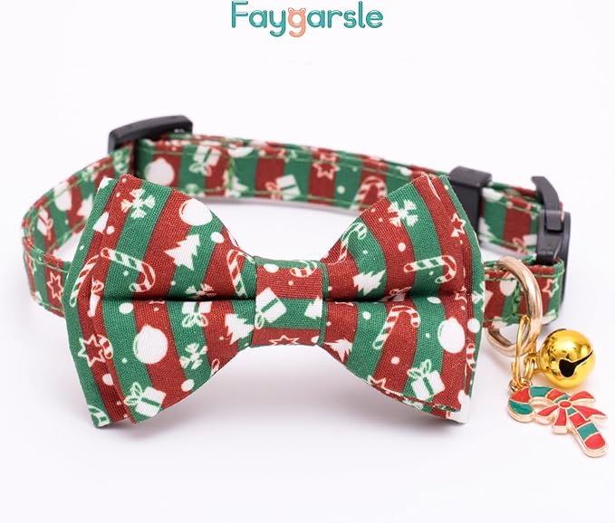 Faygarsle 2 Pack Christmas Cat Collars - Cute Holiday Collars with Bow Tie, Breakaway, Red & Green, Winter, for Boy & Girl Cats