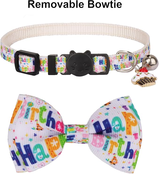 ADOGGYGO Birthday Cat Collars with Bow Bell, Breakaway White Blue Happy Birthday Bowtie Collars for Cats Kittens