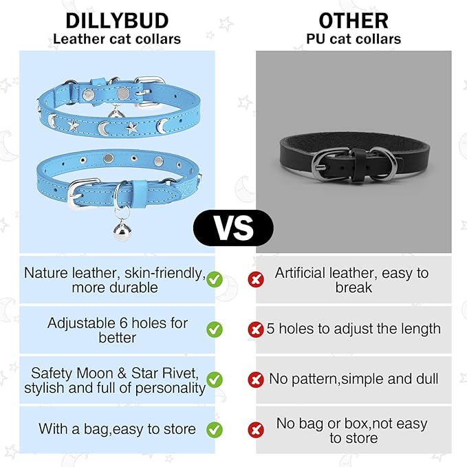 Leather Cat Collars for Boy Girl Cats with Bell and Safety Elastic Belt, Personalized Star and Moon Stud Adjustable Safe Buckle Collar for Kitty Small Big Cats Size 8-12 Inch, Light Blue