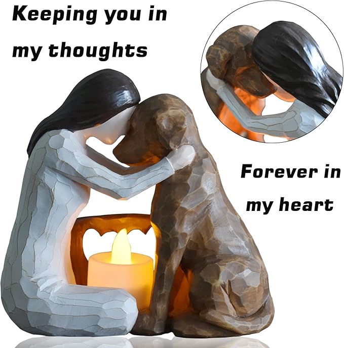 Dog Memorial Gifts，Pet Loss Gifts，Hand-Sculpted Dogs Passing Away Sympathy Gift，Remembrance Gift ，Dog Lovers Candle Holder Statue with LED Candle