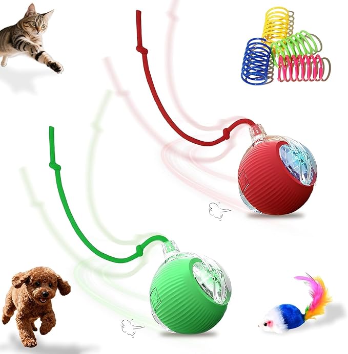 2-Pack Interactive Cat Toys Ball for indoor Cats＆Dog,Automatic Cat Toy 360° Auto-Rotation Smart Obstacle Avoidance,Includes 4 Cat Spiral Spring,Cat Enrichment Toys for Indoor Cats (Red-Green)