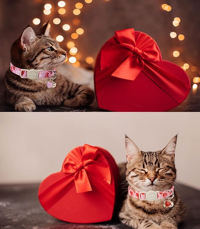 Cat Collar,2 Pack Cat Collars Breakaway with Bell, DOGWONG Safety Buckle Valentine's Day Cat Collar Pink Heart for Girl Boy Cats and Small Dogs，Adjustable 7-12 Inch,Pet Supplies Accessories