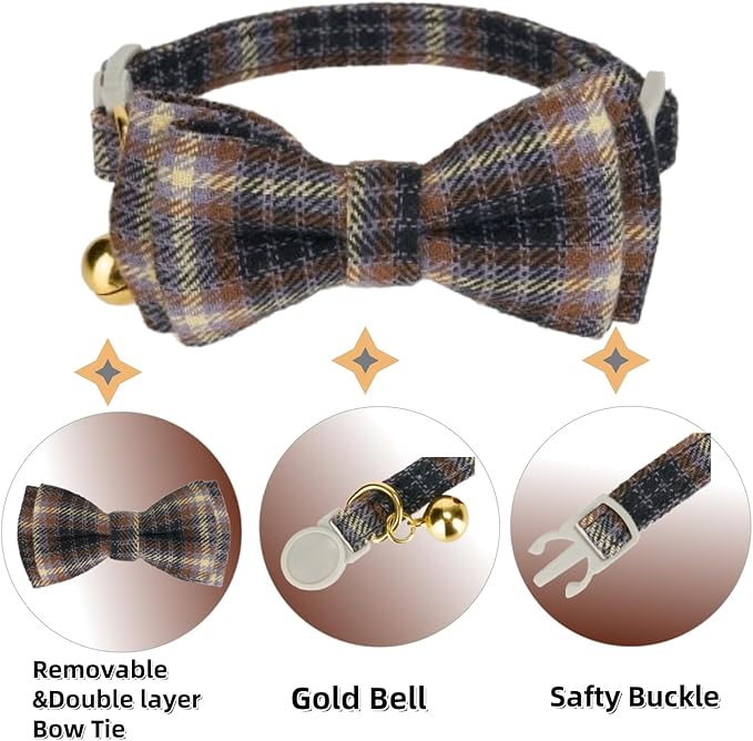 2 Pack Soft Cotton Cat Collars with Bowtie and Bell Breakaway Plaid Cat Kitten Collar(Ocean Blue and Mocha Tweed)