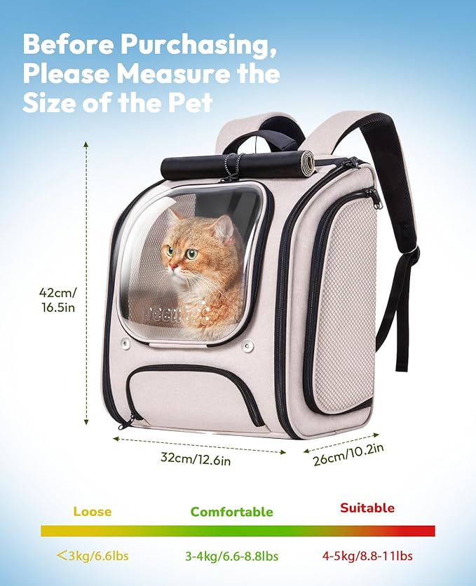 Pecute Cat Backpack Carrier, Large Space Cat Bubble Backpack, Breathable Cat Carrier, Shaded Dog Backpack Carrier, Ergonomic 3D Design for Travel, Hiking, Walk, Suitable for Shopping, Car, Vet, Khaki