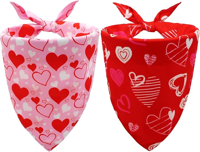 Valentine's Day Dog Bandanas Set 2PCS-Large,Heart Bandanas for Weddings and Holiday Party Costumes,Pet Scarves for Boys and Girls,Dog Outfit Gifts for Medium to Large Dogs(Pink&Red)