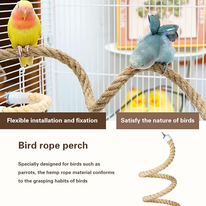 Bird Rope Perch for Parrots,Bird Cage Climbing Rope Toys Accessories,Bendable Climbing,Bendable Natural Jute Boing with Pine Wood and Stainless Steel Mount,Parakeet Lovebirds(4.9 feet Jute)