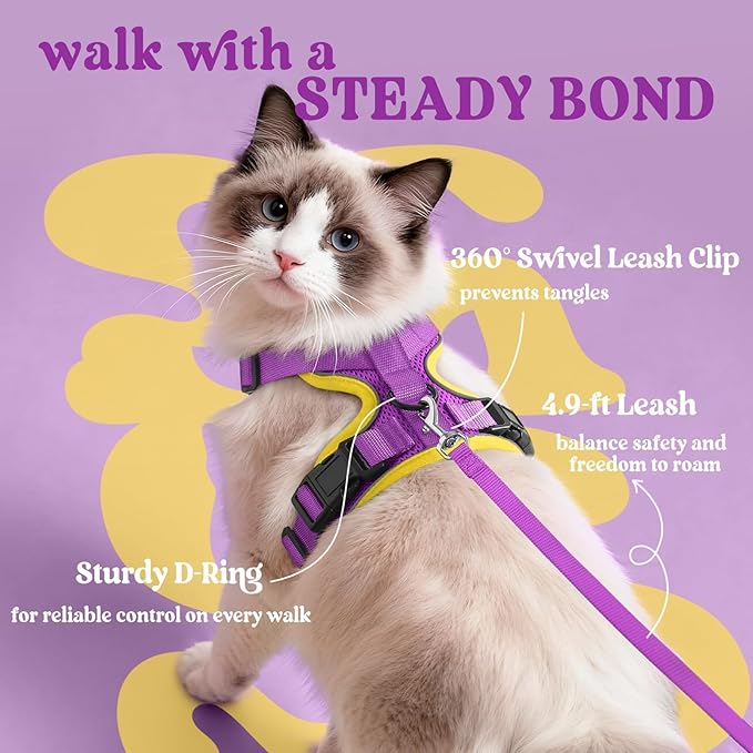 rabbitgoo Cat Harness and Leash for Walking, Escape Proof Soft Adjustable Vest Harnesses for Cats, Easy Control Breathable Reflective Strips Jacket, Purple&Yellow,XXS