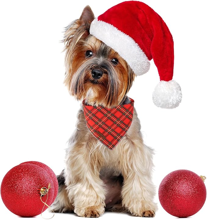 Christmas Dog Bandana, Christmas Red Plaid Man Triangle Bid Scarf for Girl Boy Dog, Cotton Pet Kerchief, Adjustable Winter Puppy Bandana for Small Medium Large Dogs Cats
