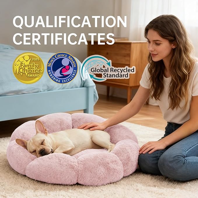 OhGeni 20 inches Calming Donut Dog & Cat Bed for Small Pets, Warming Comfort Fluffy Short Pile Fur, Durable Machine Washable, Cute Round Bed for Puppy and Kitten, Pink