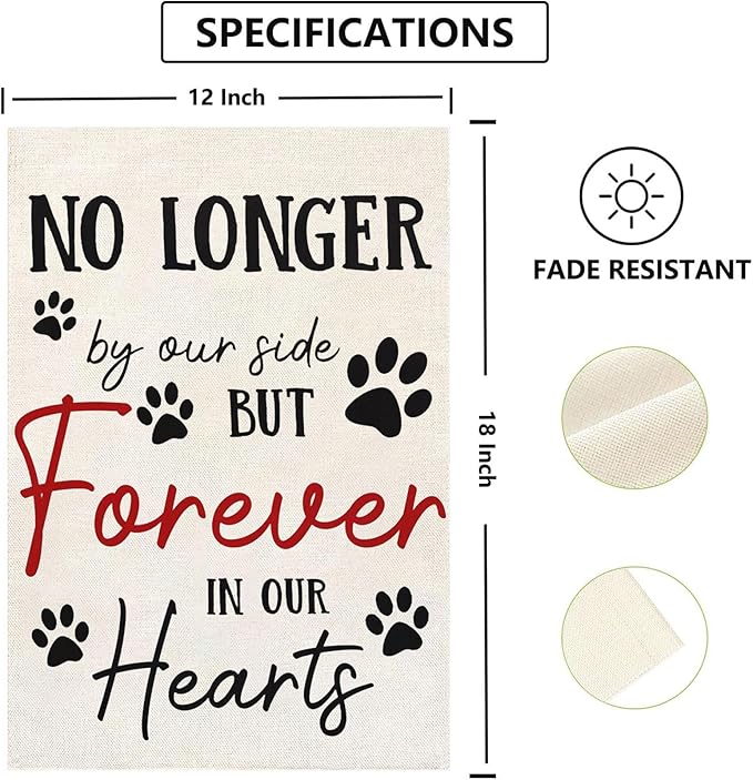 Pet Memorial Garden Flag No Longer By My Side Forever in Our Heart 12x18 Inch Double Sided Burlap Pawprints Lost Pet Cat Dog Bereavement Gift Outdoor Yard Decor