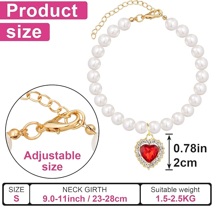 2pcs Pearl Collar for Cat Puppy, Small Cute Heart Shape Rhinestone Pet Necklace, Adjustable Wedding Party Pet Jewelry Accessories for Puppy Kitten- Blue & Red