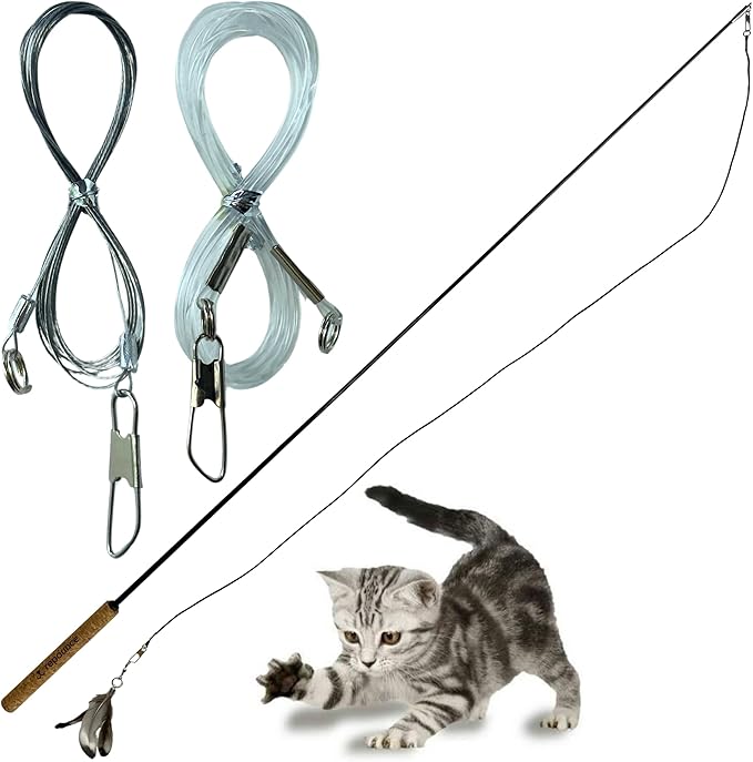 Forever Stick with Chew-Proof Metal Wire String and Transparent Fishing Line String - The Unbreakable Cat Wand Toy, Extra Long Durable Cat String Toy for Indoor Cats, Cat Fishing Pole Toy