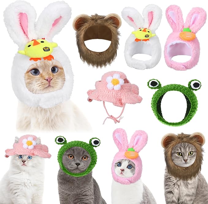 Weewooday 5 Pieces Cat Costume Bunny Hat Outfit with Ears Funny Cat Hat and Small Dogs Kitten Puppy Party Easter Costume Accessory Headwear(Chic Style)
