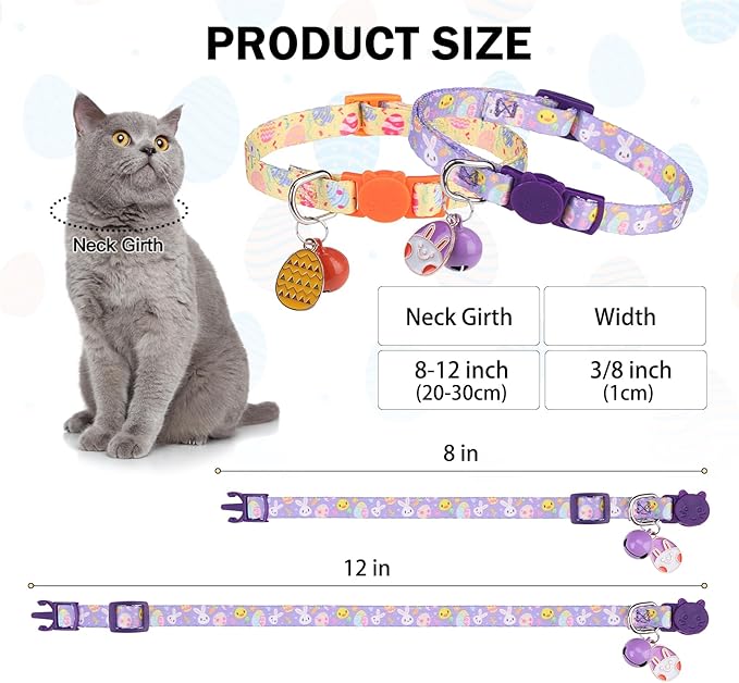 Breakaway Cat Collars for Girl Boy Cats, Spring Summer All Weather Cat Collar Personalized Pattern 2 Pack,Cute Classic Safety Buckles and Bells,Adjustable Printed Nylon Colorful Kitten Collar
