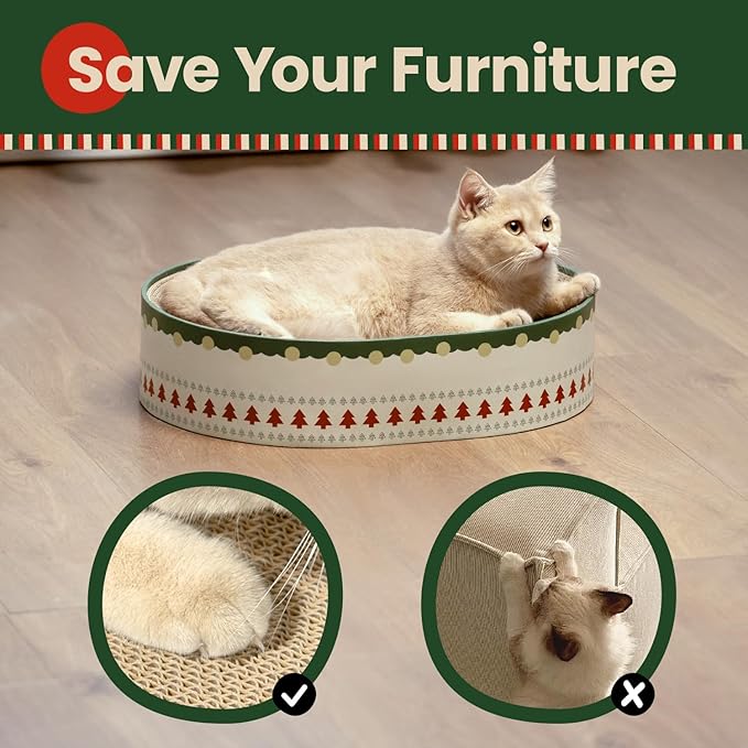 Cat Scratcher Bed, 2 in 1 Oval Cat Scratching Board for Indoor Kitty Scratch Pad Corrugated Cardboard Lounge Bowl Nest Couch Sofas for Kittens, Includes Cat Toy, Christmas