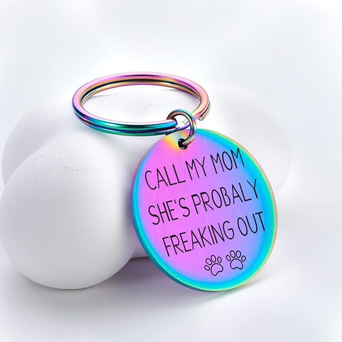 Funny Personalized Dog Tag, Customized Dog Collar with Name Tags Plate, Call My Mom! She's Probably Freaking Out,Cute Pet Tag Keychain for Dogs Cats Owner, Pet Name Tag Double Sided Engraved