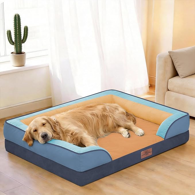 Comfort Expression Orthopedic Dog Bed for Large Dogs 36x27 Inch, Waterproof Egg Crate Foam Large Pet Bed with Removable Bolsters, Dog Couch with Washable Cover & Non-Slip Bottom, Golden Harbor